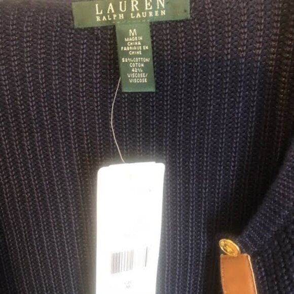 NWT RALPH LAUREN Navy Cardigan Gold Buttons Leather Placket M - Picture 6 of 7